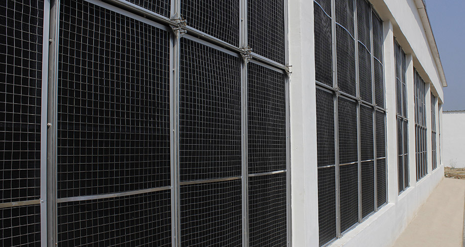 建成的上海新農(nóng)灌云公豬站外側擋沙網(wǎng)過濾墻。